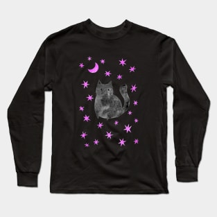 Black Cat with Pink Stars Long Sleeve T-Shirt